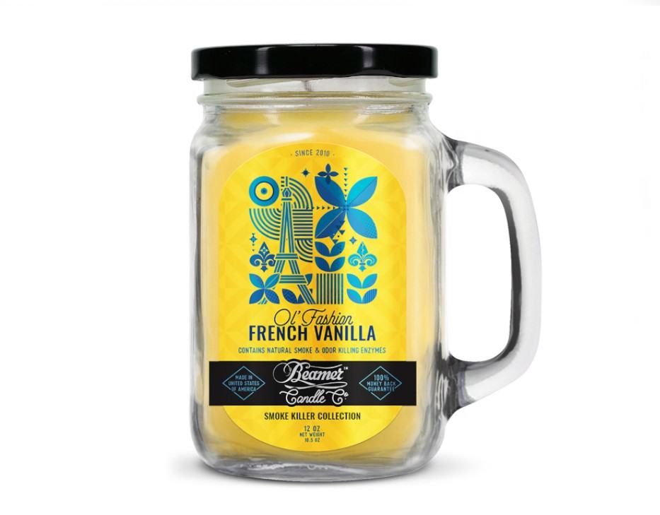 Smoke Killer illatgyertya üvegedényben, füllel és fém kupakkal – Ol’ Fashion French Vanilla - nagy